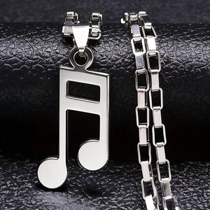Polished stainless steel double music note pendant necklace with box chain on black texture