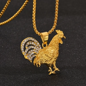 Collier Pendentif Coq Zodiaque en Alliage Plaqué Or Hip Hop avec Strass Blanc Bijoux Animaux Personnalité pour Hommes Cadeau