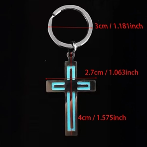 Luminous stainless steel cross keychain featuring a blue glow strip on black background
