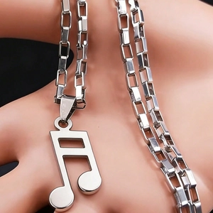Polished stainless steel musical note pendant necklace with box chain for daily wear