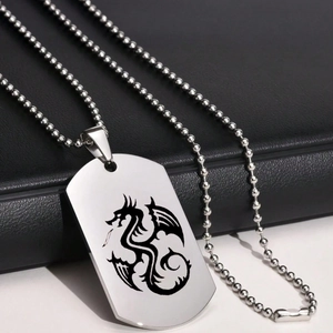 Collier Pendentif Plaque Identité Totem Dragon en Acier Inoxydable Homme Couleur Argent Chaîne Billes Style Punk Hip Hop