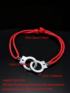 Detailed view of adjustable red cord handcuff bracelet with size and weight dimensions