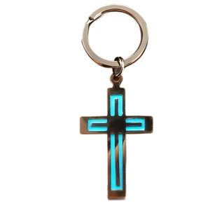Golden stainless steel cross keychain with luminous blue inlay and circular metal ring