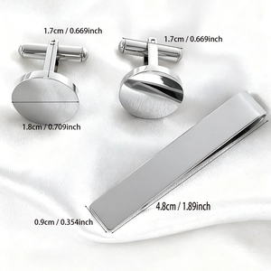 Polished silver stainless steel cufflink and tie clip set for men's formal business wear
