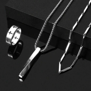 Minimalist silver stainless steel jewelry set featuring cross ring and geometric necklaces