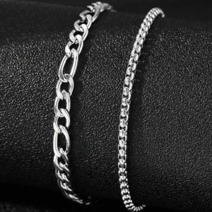 Polished stainless steel Figaro and box chain bracelet set for daily wear