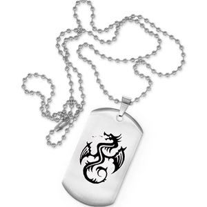 Collier plaque militaire dragon homme en acier inoxydable avec finition brossée argentée