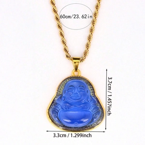 Detailed view of laughing Buddha pendant with blue resin and golden twisted chain