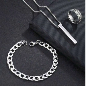 Polished silver stainless steel jewelry set with Cuban bracelet, pendant necklace and ring