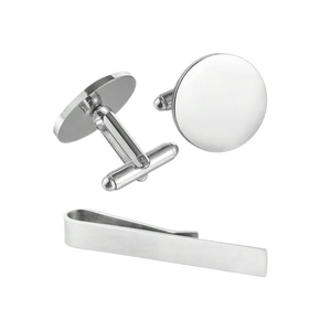 Professional silver stainless steel tie clip and round cufflinks set for men's formal wear