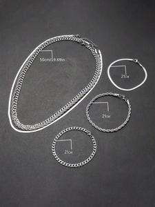 Close-up of stainless steel jewelry set with 50cm double necklaces and 21cm bracelets