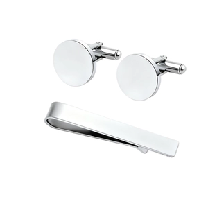 Polished silver stainless steel cufflink and tie clip set for professional business suits