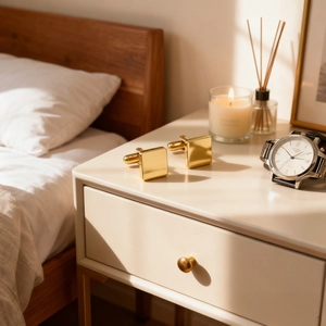 Minimalist square gold cufflinks for men's suits shown on a wooden bedside table