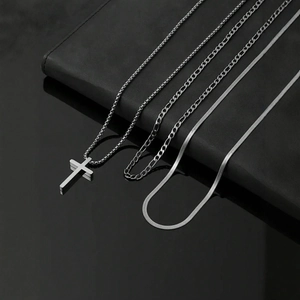 Unisex Stainless Steel Cross Pendant Necklace Triple Layer Distressed Silver Figaro Snake Box Chain Fashion Jewelry