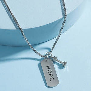 Dumbbell Hope Tag Pendant Necklace Silver Alloy Titanium Steel Box Chain Fitness Sport Style Jewelry