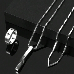 Stainless steel men's jewelry set with cross ring and geometric pendant necklace