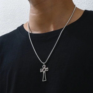 Hip hop silver titanium steel cross pendant necklace with red baseball stitching detail
