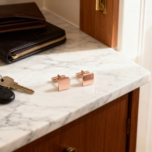 Elegant rose gold square cufflinks for men on marble surface with luxury accessories