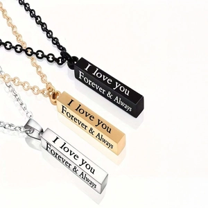 Stainless Steel Rectangular Pillar Pendant Necklace For Couples Laser Engraved I Love You Forever Always Geometric Bar Jewelry Gift