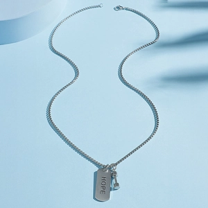 Silver dumbbell pendant necklace with Hope engraved metal tag on box chain for men