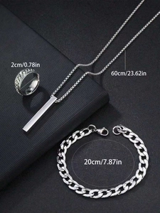 Silver jewelry set for men featuring a bar pendant necklace, chain ring and bracelet