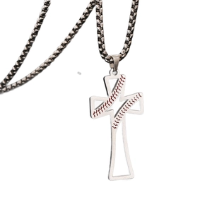 Men's hip hop titanium steel cross baseball pendant necklace with silver box chain
