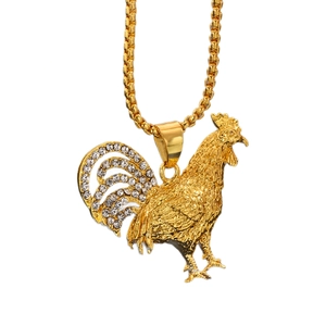 Collier hip hop avec pendentif coq plaqué or et strass étincelants pour hommes