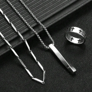 3-piece men's stainless steel jewelry set with cross ring and geometric pendant necklace
