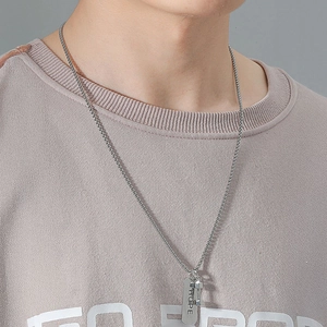Men's silver fitness necklace featuring a dumbbell pendant and engraved HOPE tag charm