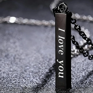 Black stainless steel vertical bar necklace with I Love You engraved pendant for couples