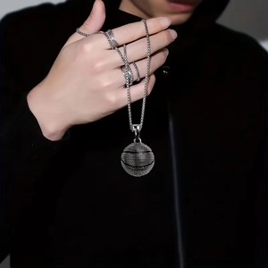 Hip hop style silver stainless steel basketball pendant necklace with bead chain on model