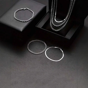 Set of 6 stainless steel jewelry including rope, curb and snake chains in silver finish