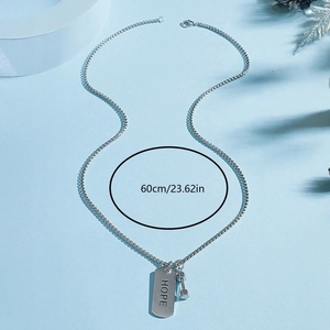 Men's silver fitness necklace with dumbbell pendant and HOPE plate 60cm length