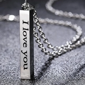 Polished silver stainless steel rectangular bar necklace engraved with I LOVE YOU