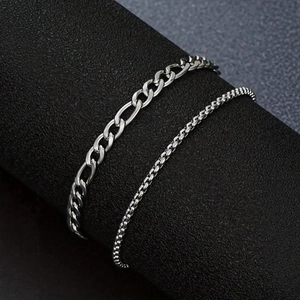 Polished silver stainless steel double-layered Figaro and box chain bracelet for daily wear