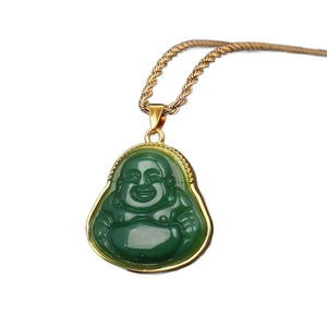 Laughing Buddha pendant necklace in green jade style with gold plating and chain
