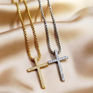 Collana con Pendente a Croce in Acciaio Inossidabile e Lega di Zinco Hip Hop Oro Argento Galvanizzato Strass Collana per Uomo Donna Gioielli