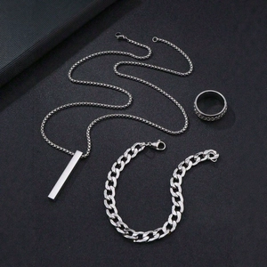 Men Stainless Steel Jewelry Set Necklace Bracelet Ring Rectangle Bar Pendant Cuban Link Minimalist Punk Hip Hop Silver Tone