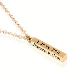 Polished rose gold stainless steel bar necklace with I love you Forever & Always engraving