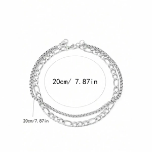Silver stainless steel double-layer Figaro and box chain bracelet with 20cm measurement