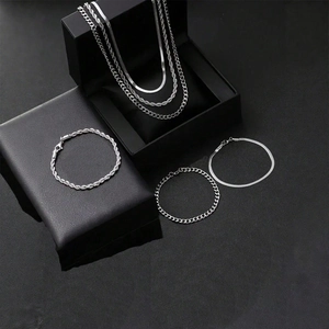 6-piece silver stainless steel jewelry set with snake, rope, and curb chains and bracelets