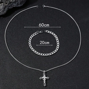 Set gioielli in acciaio inossidabile con ciondolo a croce e bracciale a catena cubana