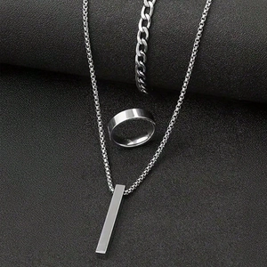 Three-piece silver stainless steel jewelry set with bar necklace, ring, and cuban bracelet