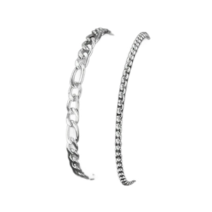 Set of two stainless steel bracelets featuring Figaro and box chain styles in silver finish