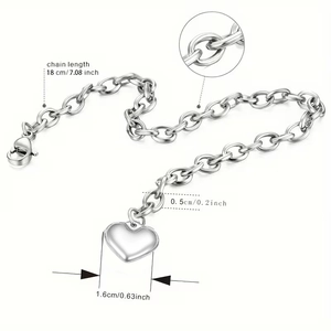 Bracelet chaîne en acier inoxydable avec pendentif cœur et spécifications de taille