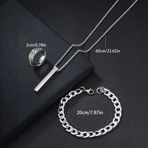 Men's silver stainless steel jewelry set including bar necklace, ring and Cuban chain