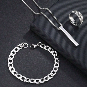 Silver stainless steel jewelry set featuring rectangle pendant necklace, ring, and cuban bracelet
