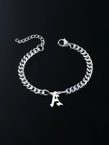 Silver stainless steel Cuban link bracelet with Gothic letter A pendant and lobster clasp