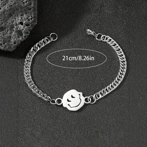 Bracelet gourmette en acier titane argenté avec pendentif smiley, longueur 21 cm