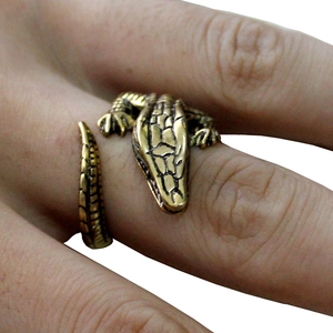 Adjustable crocodile open ring in vintage gold finish featuring realistic skin texture